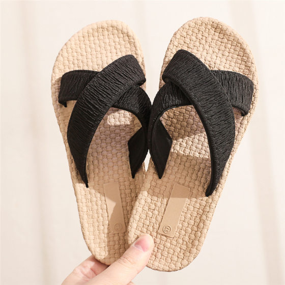 Ethnic Style Summer Imitation Hemp Rope Travel Outer Wear Cross Slippers Flat Heel Women's Slippers Women's Sandals Korean Fashion