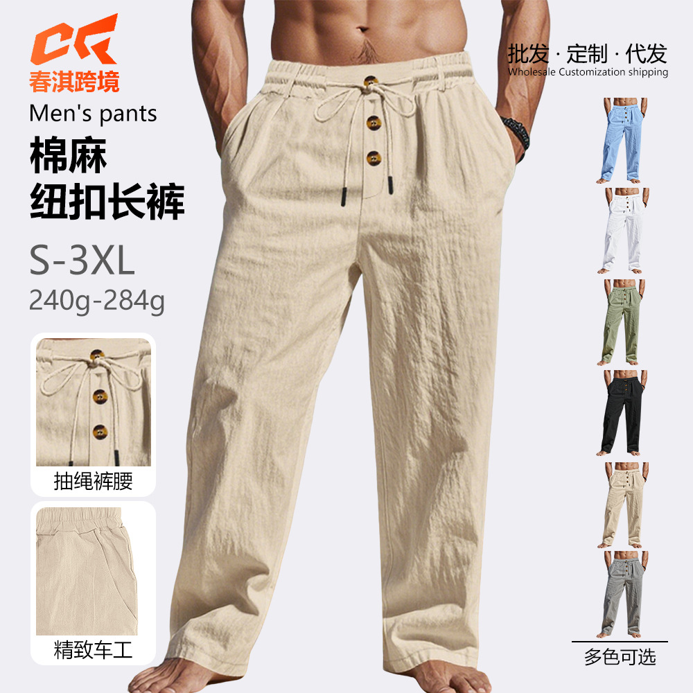 New Amazon In-Stock Autumn Cotton-Linen Casual Pants, Export Wish Breathable Loose Straight Thick Linen Trousers