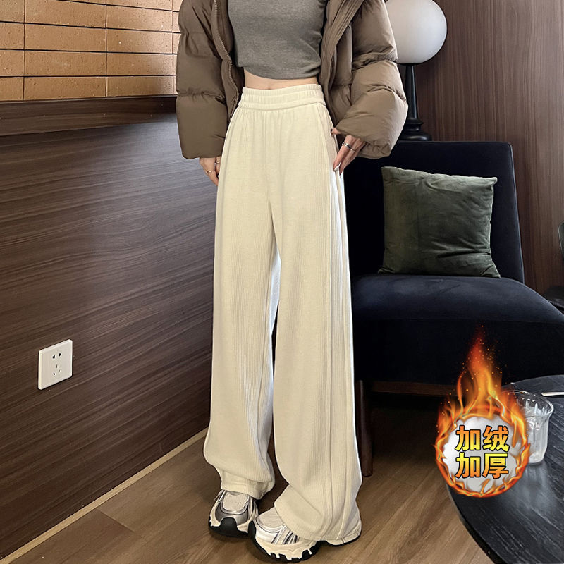 灰色雪尼尔条绒阔腿裤女秋冬2025新款加绒加厚裤子慵懒休闲糯米裤