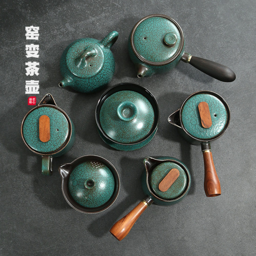 Japanese kiln green glaze teapot household retro side pot cover bowl ceramic Kung Fu tea set household teapot single pot
