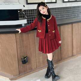 女童秋冬季新款时尚公主风红色套装中大儿童女孩洋气小香风两件套