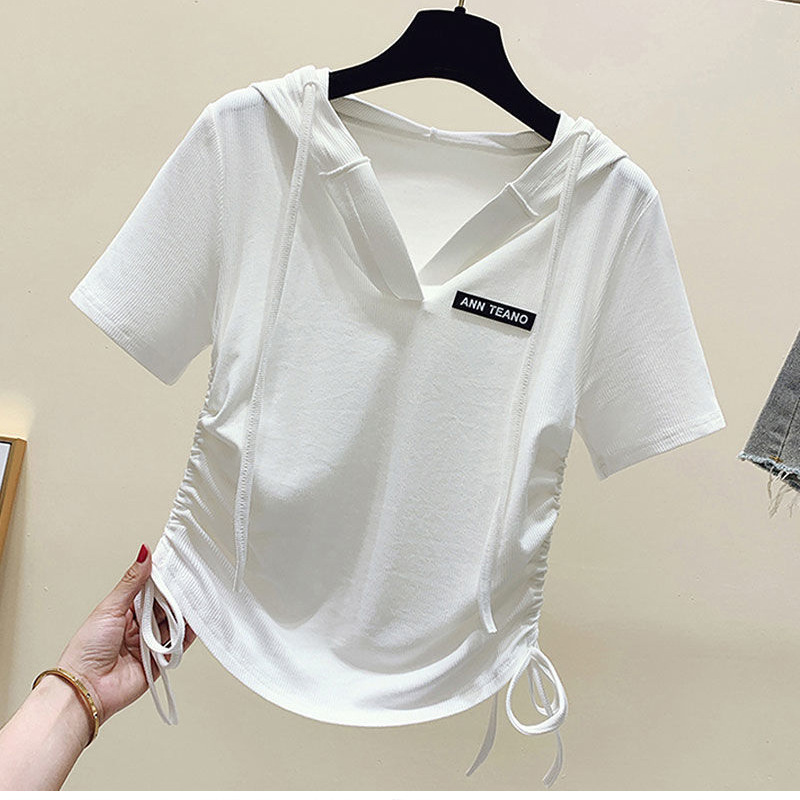Ice Silk Hooded Short-Sleeved T-Shirt Women's New Summer Fashion Versatile Asymmetrical Drawstring Short Bottoming Shirt Top