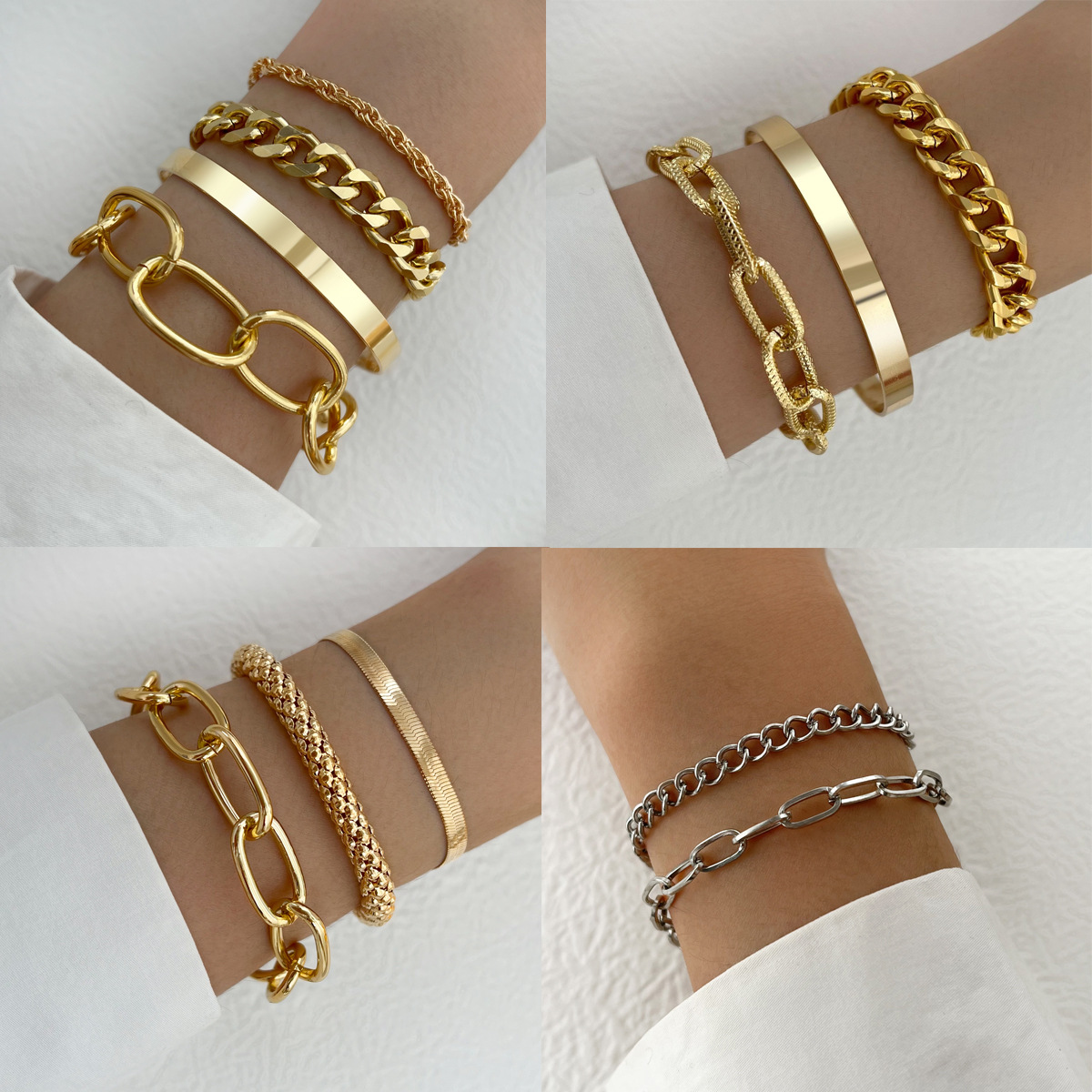 hot metal bracelet set personalized thick chain bracelet creative smooth multi-layer open bracelet_voghion.com