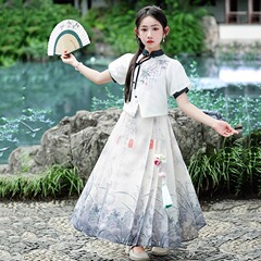 夏の薄い金の2024新型の新しい中国式の女の子の漢服の馬のスカートのスーツの国風の子供の古風は唐の服を改良します。