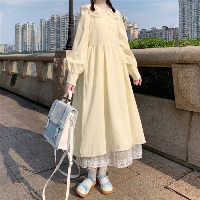 2025秋装新款宽松日系软妹蕾丝花边娃娃领长袖连衣裙子女气质长裙|undefined