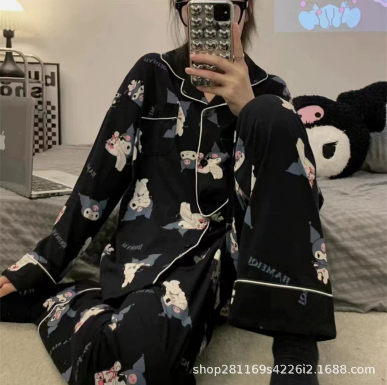 Корейская пижама женская 2025 мультфильм Shopee новая пижама женская весна и осень женская отворот кардиган с длинными рукавами брюки набор