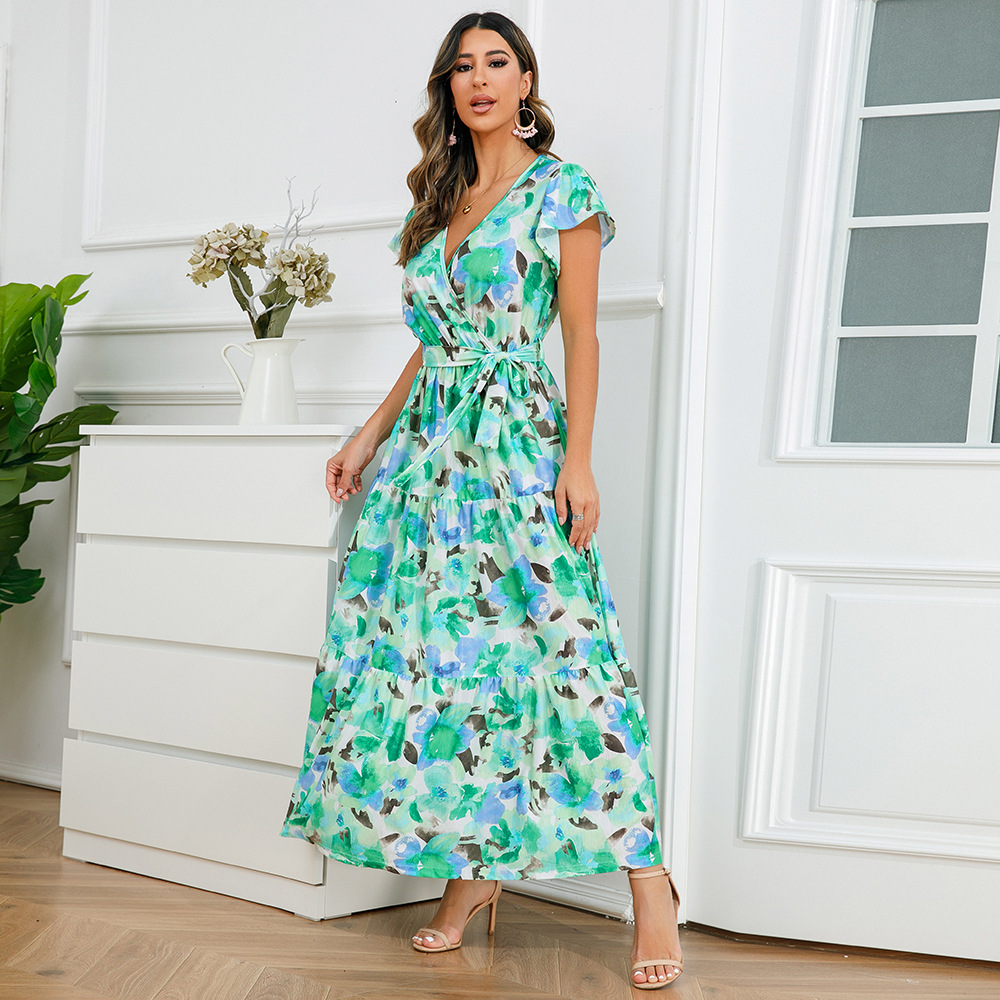 Women's A-line Skirt Elegant V Neck Printing Short Sleeve Flower Maxi Long Dress Holiday display picture 3