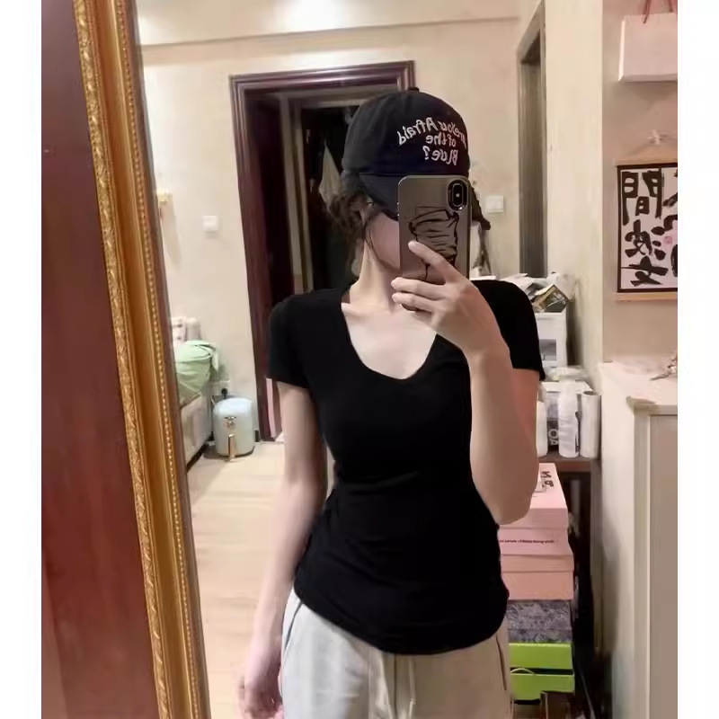 酒红色正肩女恤领短袖收腰短上衣掐腰黑色微胖修身显瘦辣妹夏季|undefined