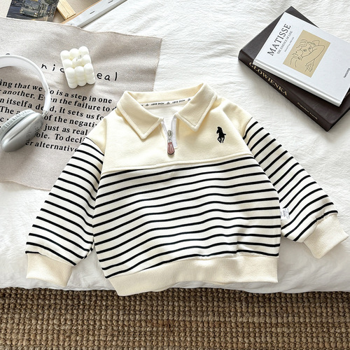Children's Sweatshirt Autumn New Unisex Zip Polo Collar Long Sleeve Striped Patchwork Versatile Top