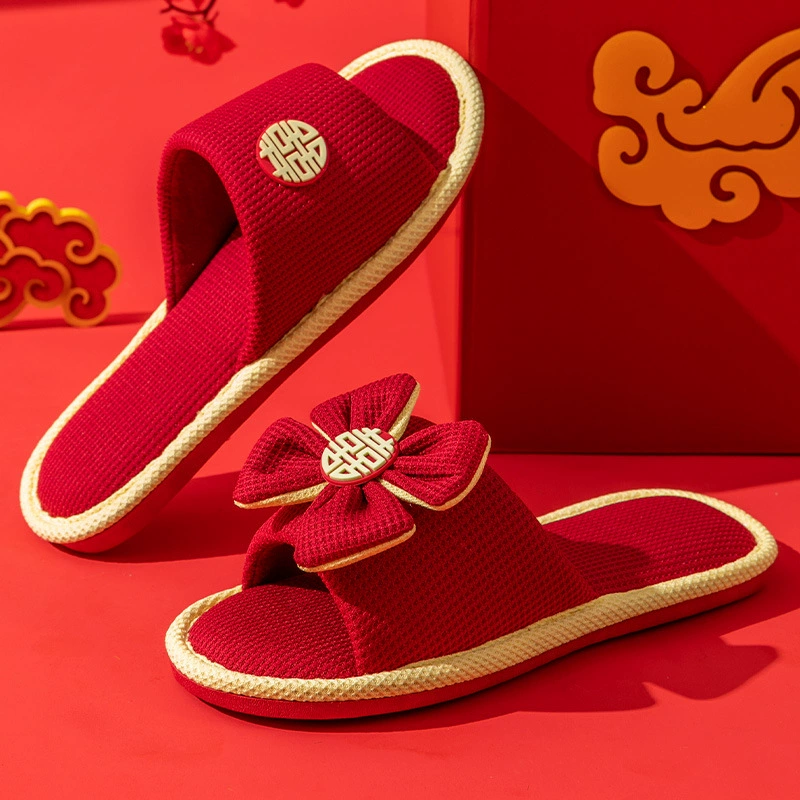 2024 Клевер свадебные тапочки для мужчин и женщин Летний дом большой красный свадебный праздник пара льняные тапочки