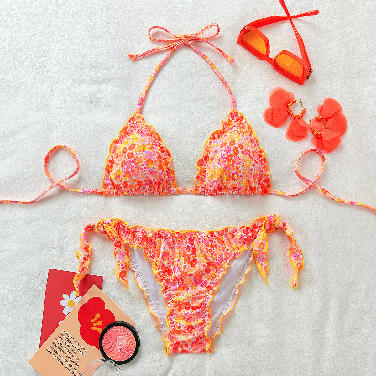 Cute Floral Print Three Piece Drawstring Bikini Sexy Two-Piece Hot Spring Swimsuit Women's Clothing_voghion.com