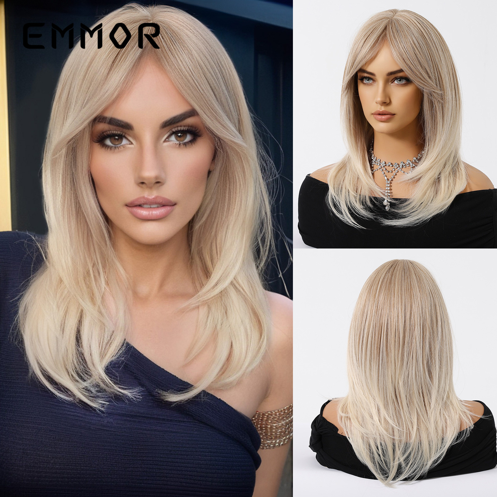 Peluca de mujer forma de cabello largo cubierta de cabeza completa natural Estilo de celebridad de Internet cara redonda clavícula Pelo Largo simulación de reducción de edad Peluca de longitud media