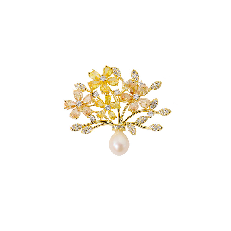 Retro simple estilo nacional broche de flores de flores de cobre chapado en oro micro-peltina temperamento femenino broche de flores de pecho de perlas accesorios de soporte vacío image 5