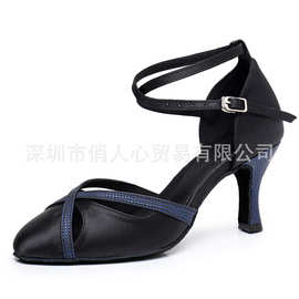 跨境新款包头镂空拉丁舞鞋女高跟鞋室内舞厅专用软底跳舞鞋黑色