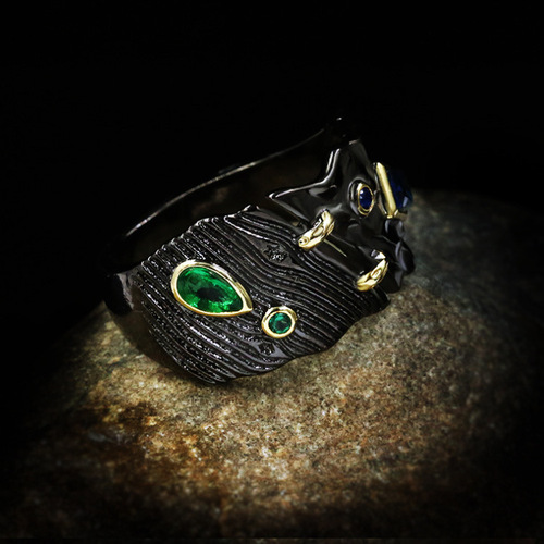 Ebay Hot Selling Black Gold Three-Piece Engraved Ring Black Color Stone Ethnic Retro Style Necklace Earrings DIY Accessory