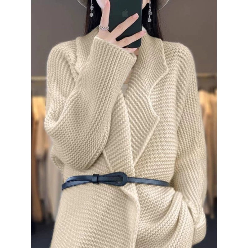 Knitted long cardigan, winter classic suit jacket, solid sweater, mid-length, increased thickness, oversize