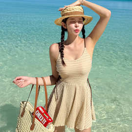 绝美泡温泉泳衣女高级感新款微胖遮肉保守显瘦遮肚连体裙式游泳衣