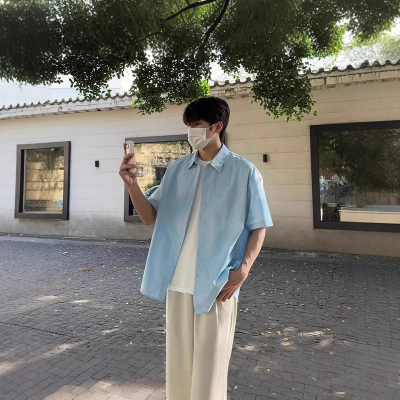 Summer New Light Blue Shirt Men's Short-Sleeved Sunshine Boys Wear Boyish Work Shirt Thin Jacket Trendy