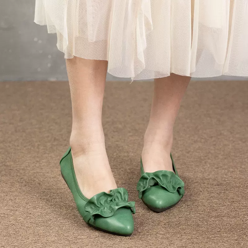 头层牛皮平底单鞋2025春季爆款绿色时尚气质软底软面真皮女鞋批发
