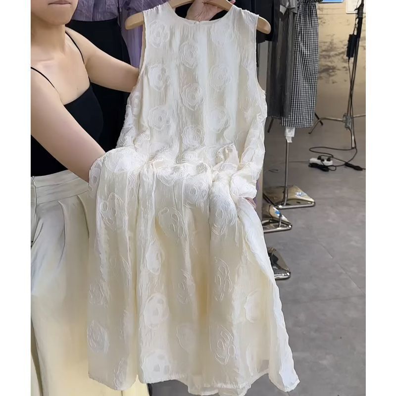 特大码300斤法式重工立体剪花无袖连衣裙女胖MM中长款A字背心裙夏|undefined