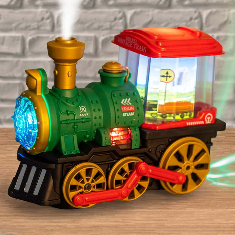 시뮬레이션 복고풍 작은 기차  전기 유니버설 라이트 사운드 스프레이 트레인 헤드 어린이 자동차 모델을 오르는 법을 배웁니다.