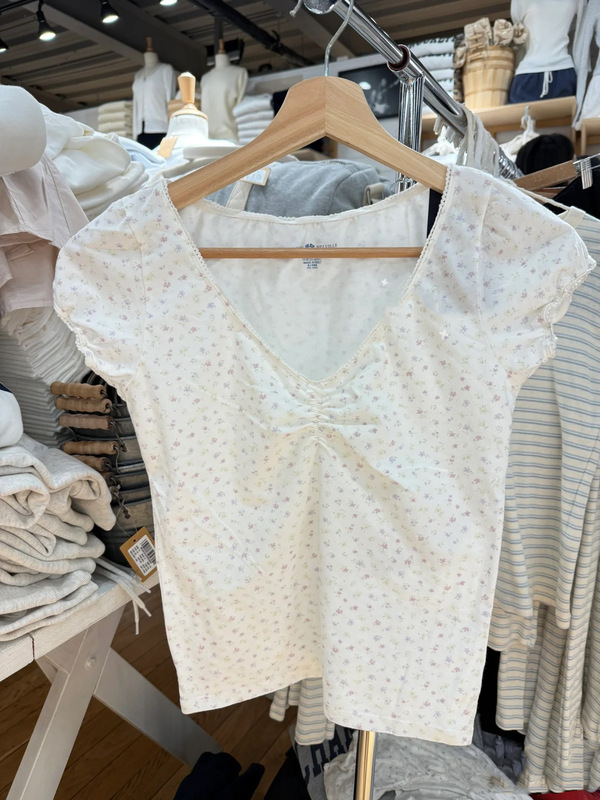 BM Style American Style Pleated V-Neck Lace Bow Lavender Floral Bm Short Sleeve Top Pure Slim Top