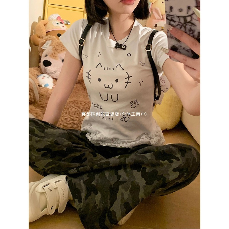 サブカルチャーキュートな右肩半袖シャツ女性用夏スリムホームかわいい日本の女の子レースホットガールショートトップ|undefined
