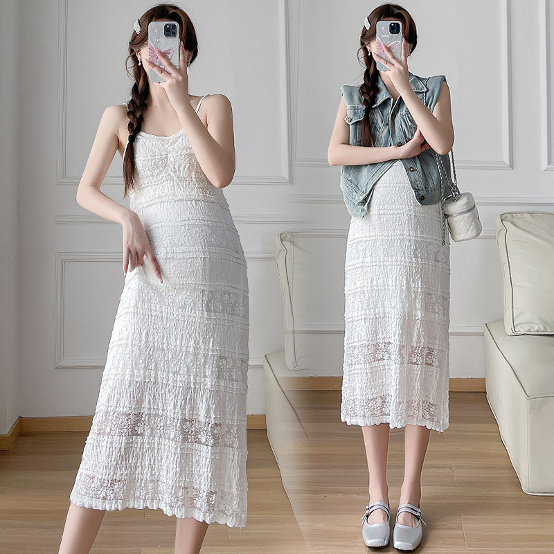 Real shot spot 2025 nueva ropa de maternidad verano chaleco de mezclilla de hombro recto falda con tirantes de encaje traje de dos piezas