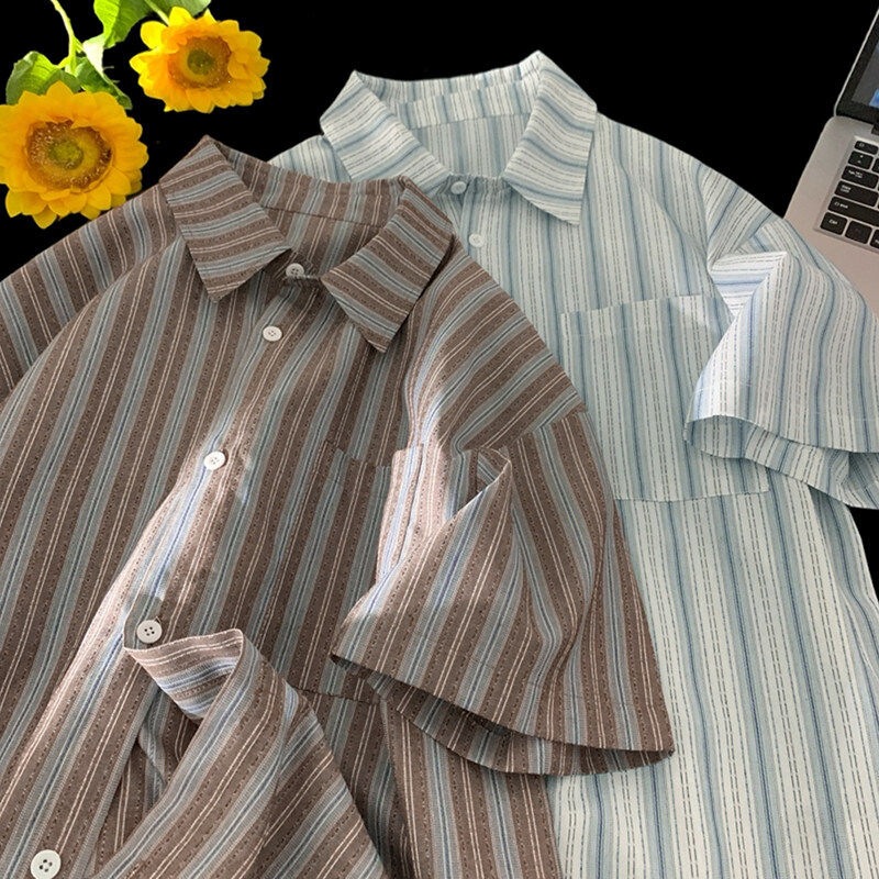 Stylish New Youth Short-Sleeve Striped Shirt Men's Jacket Trendy Brand Summer American Style 2026