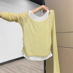 【自社工場在庫あり】フェイクツーピースコントラストカラー長袖Tシャツレディースプリーツウエスト痩身インナーベストトップ