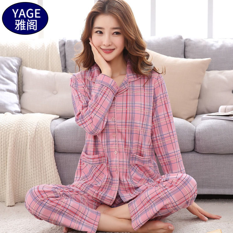 Pijamas de algodón puro Primavera y otoño de las mujeres de manga larga más tamaño cardigan traje de mediana edad y ancianos madre pijamas Otoño e Invierno