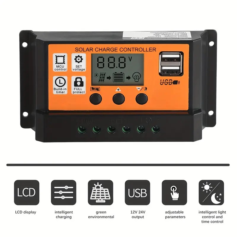 Controlador de carga solar - automático de alta eficiencia 12V / 24V con pantalla LCD, puerto USB dual