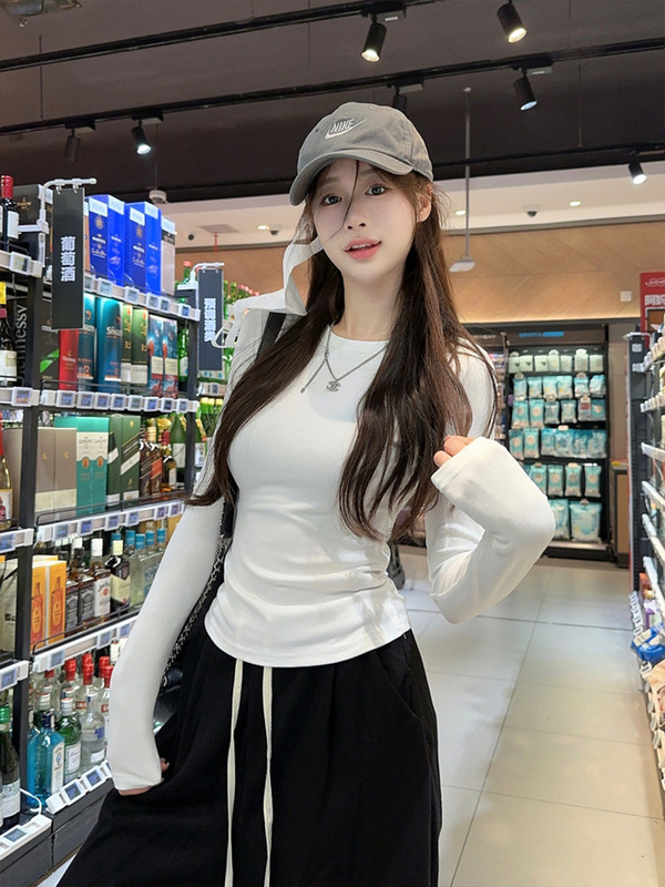韩系正肩修身长袖T恤女2025秋季新款掐腰短款显瘦纯色女装ins上衣|undefined