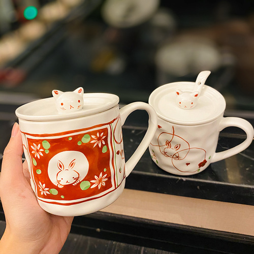 日系马克杯子带盖勺好看日式和风可爱猫咪手绘陶瓷水杯早餐牛奶杯