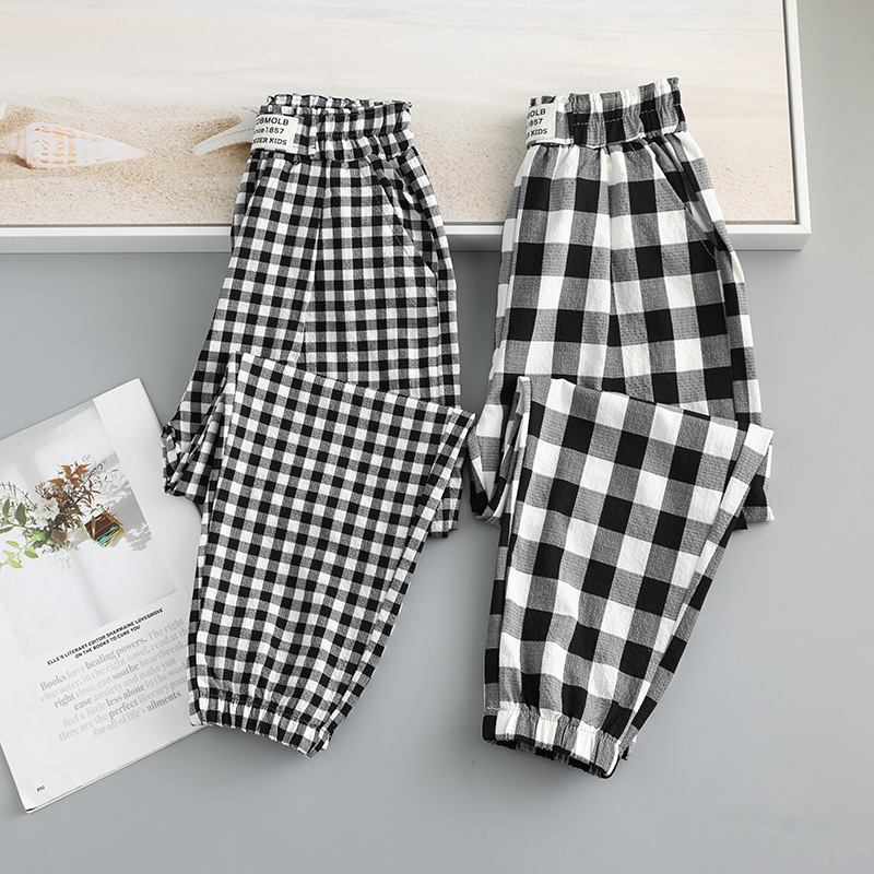 Girls' Pants Summer Thin Outer Wear Children's Summer Black and White Plaid Pants Large Children's Summer Loose Casual Anti-mosquito Pants