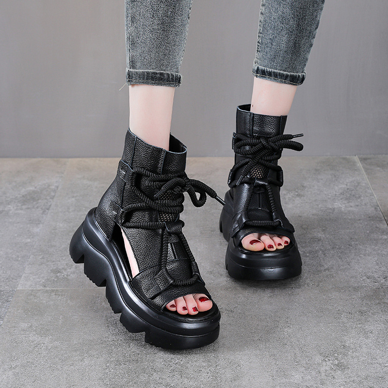 Sandal cao gót nữ mũi hở phong cách La Mã đế xuồng da thật quai buộc cổ điển — màu đen