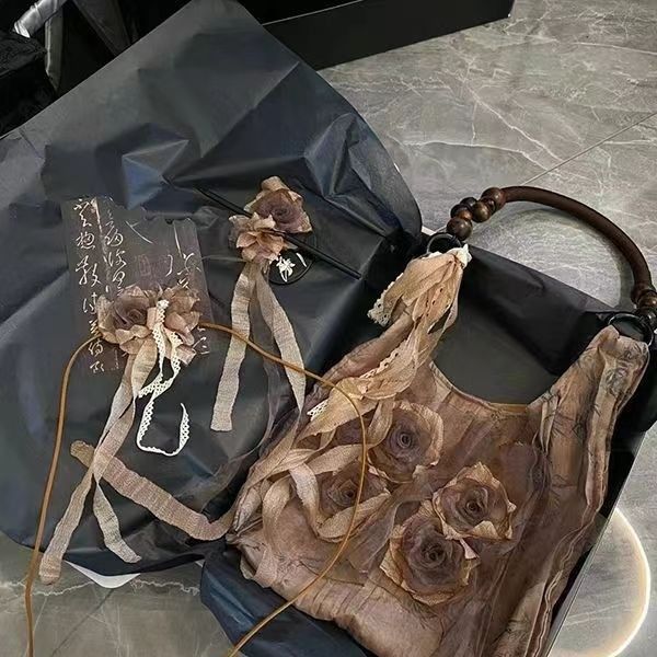 复古中国风草木轧染玫瑰花朵包褶皱腋下通勤大容量托特单肩手提包