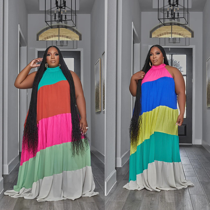 Women's plus-size splicing color contrast long swing dress_voghion.com