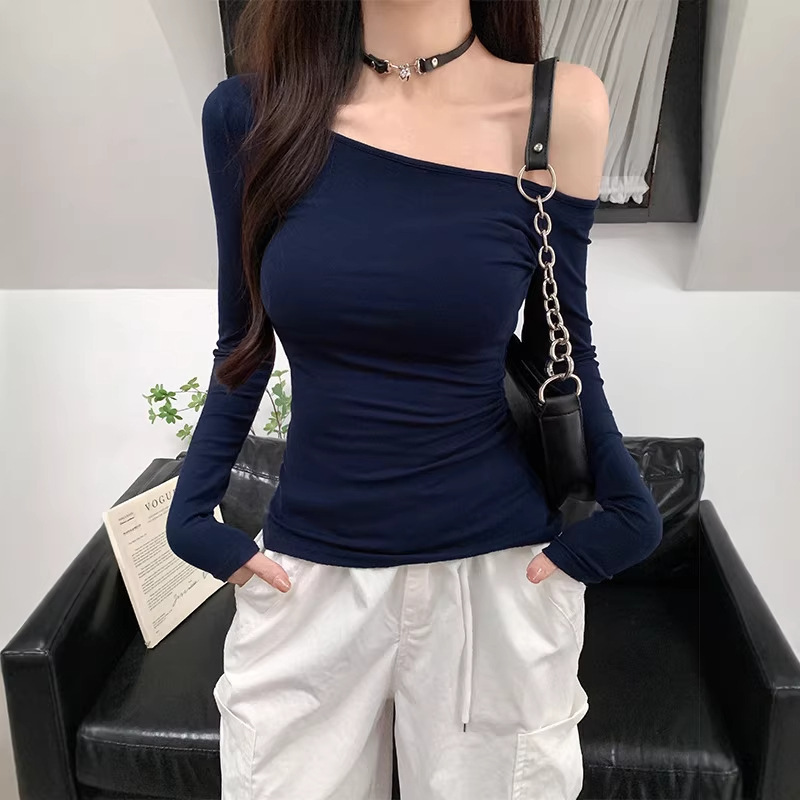 180g Ice Silk Ribbed Off-Shoulder Long-Sleeve T-Shirt Top for Women, Autumn Pure Desire Style, Slim Fit Inner Layer Base Shirt 180g Ice Silk Ribbed Off-Shoulder Long-Sleeve T-Shirt Top for Women, Autumn Pure Desire Style, Slim Fit Inner Layer Base Shirt