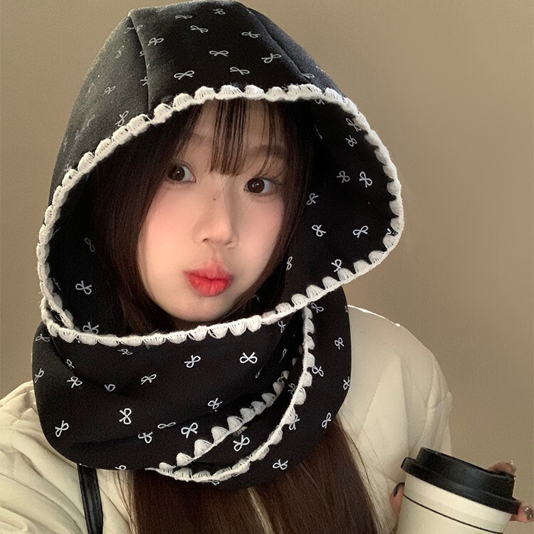 韩版蝴蝶结印花围巾帽子一体女秋冬季可爱百搭保暖防寒针织围脖|undefined