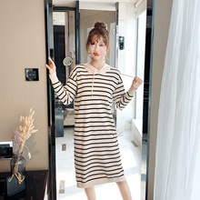 秋冬新款加厚针织连衣裙长过膝学生韩版宽松洋气条纹连帽毛衣裙女