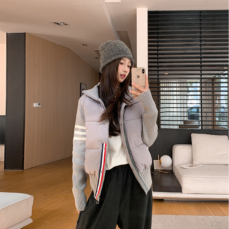 小个子立领短款棉服女冬季2024新款针织拼接设计感休闲假两件外套