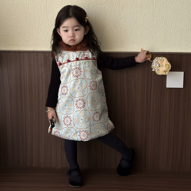 中秋儿童汉服周岁旗袍裙秋冬女童高质感复古提花背心裙小女孩童装|undefined