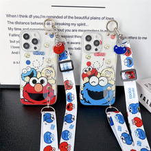 适用苹果15promax腕带手机壳情侣芝麻街14/13pro支架斜挎绳软套12