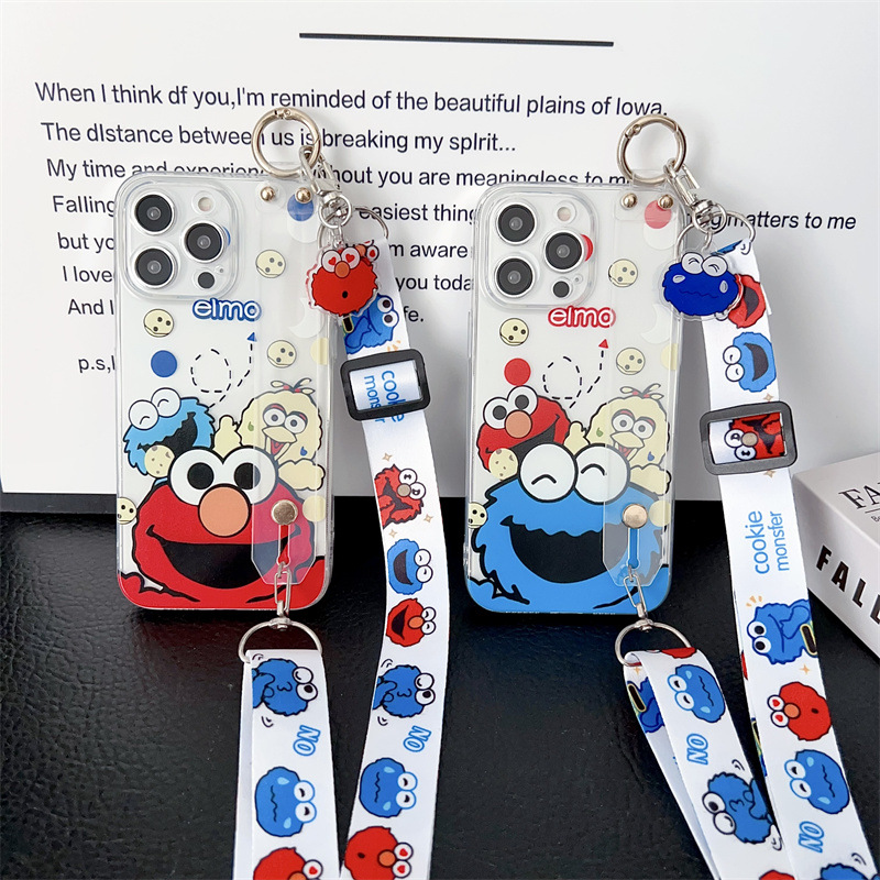 适用苹果15promax腕带手机壳情侣芝麻街14/13pro支架斜挎绳软套12