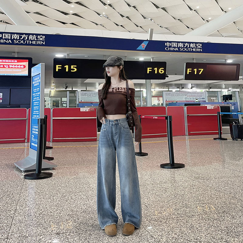 2026 Spring Plus Size Women's Jeans American Style High Waist Slimming Versatile Draped Floor-Length Wide-Leg Pants