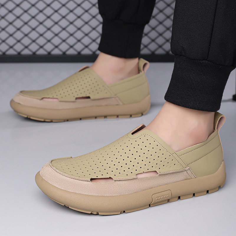 Dép sandal nam lỗ thoáng khí đế mềm kiểu lười — Màu be, Màu kaki
