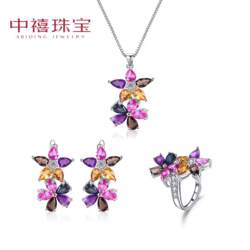 new pattern Yan value Flower Earrings Ring Necklace S925 Sterling Silver Gold-plated natural colour gemstone jewelry suit