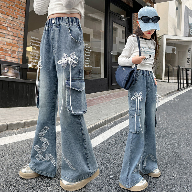 Pantalones acampanados con lazo de encaje A053, nuevos vaqueros para niños de estilo europeo y americano._voghion.com