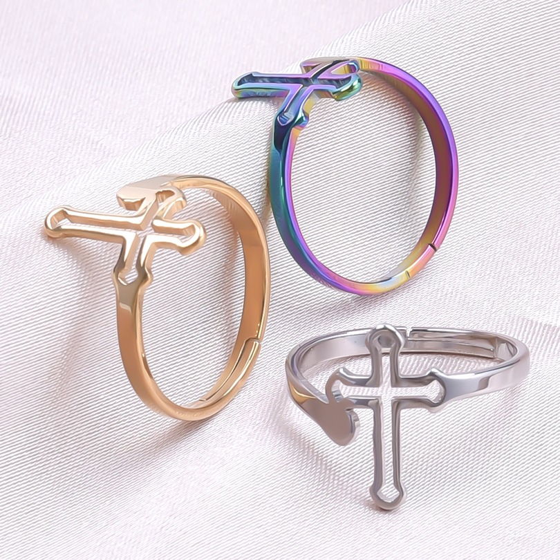 PVD Coated Real Gold Plated 18K Gold Cross 304 Stainless Steel Ethnic Style Waterproof Non Tarnish Open Ring display picture 4